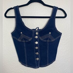 Fashion Nova Dark Blue Denim Button-Up Top